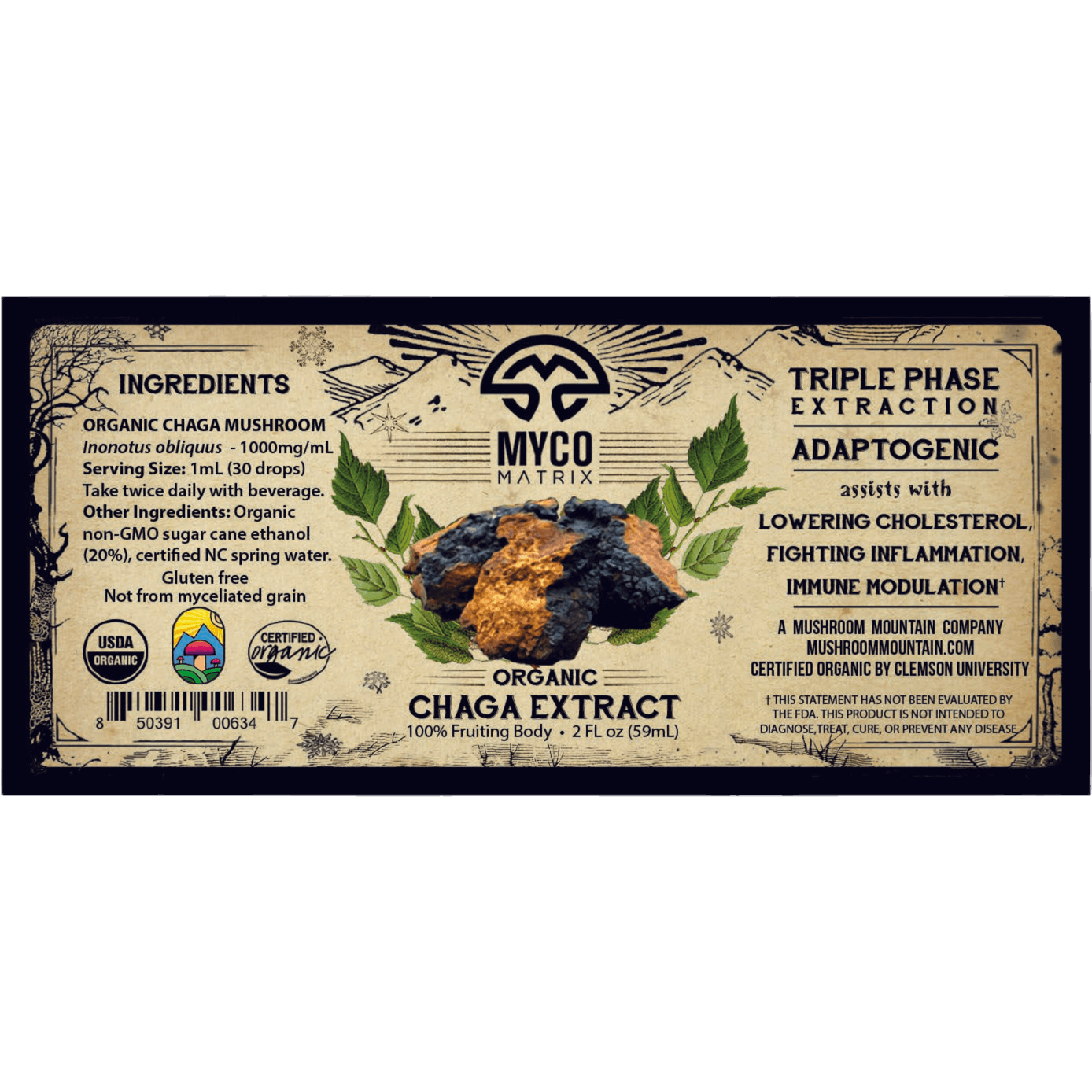 Myco Matrix Chaga Mushroom Extract Label 2 oz