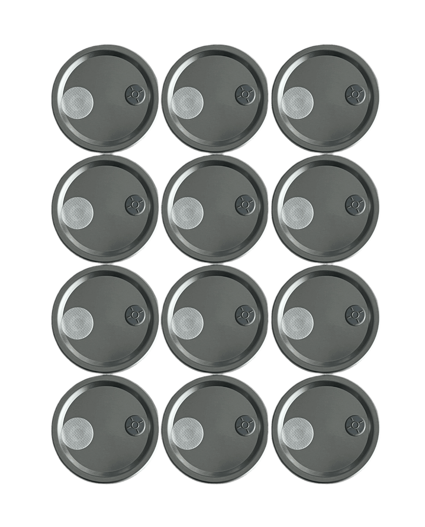 12 modified mason jar lids fitted with injection ports and .22 micron gas exchange filters for mushroom spawn jars
