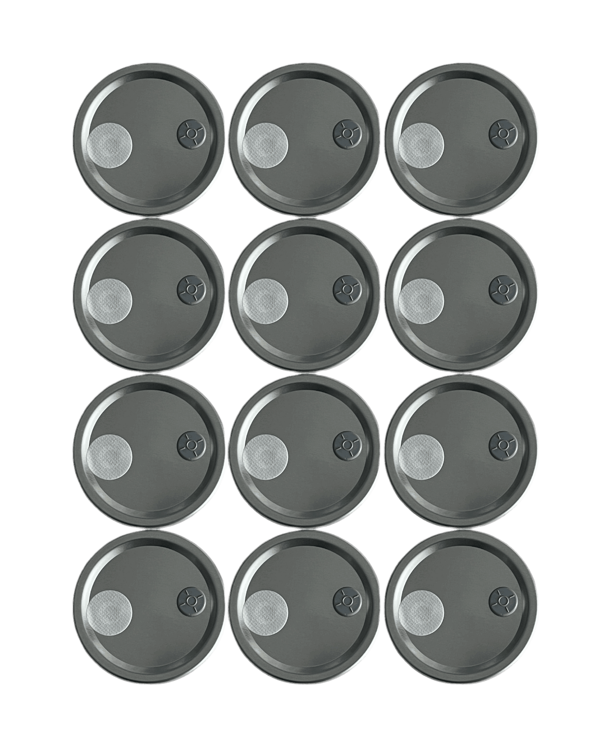 12 modified mason jar lids fitted with injection ports and .22 micron gas exchange filters for mushroom spawn jars