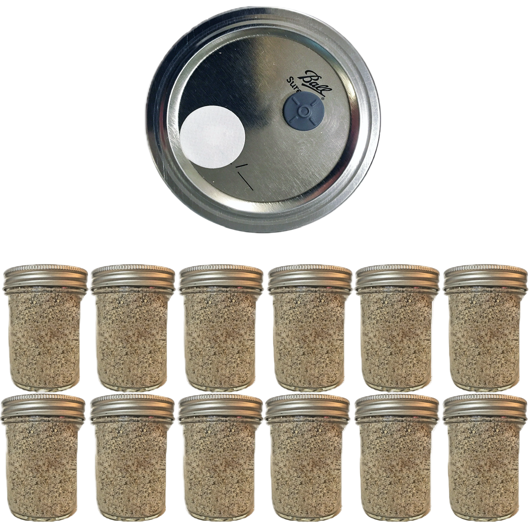 Shroomability brand organic BRF Jars 12-pack with injection ports and .22 micron gas exchange filter.