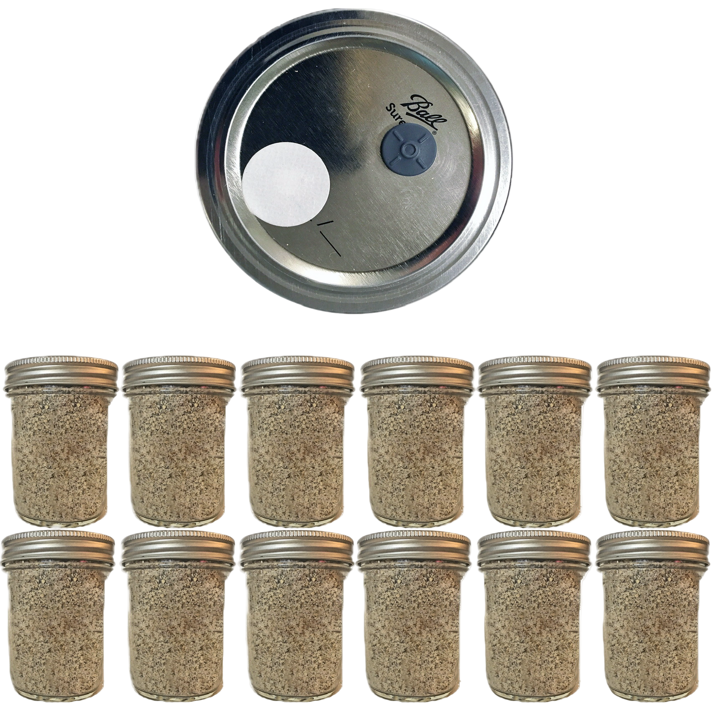 Shroomability brand organic BRF Jars 12-pack with injection ports and .22 micron gas exchange filter.