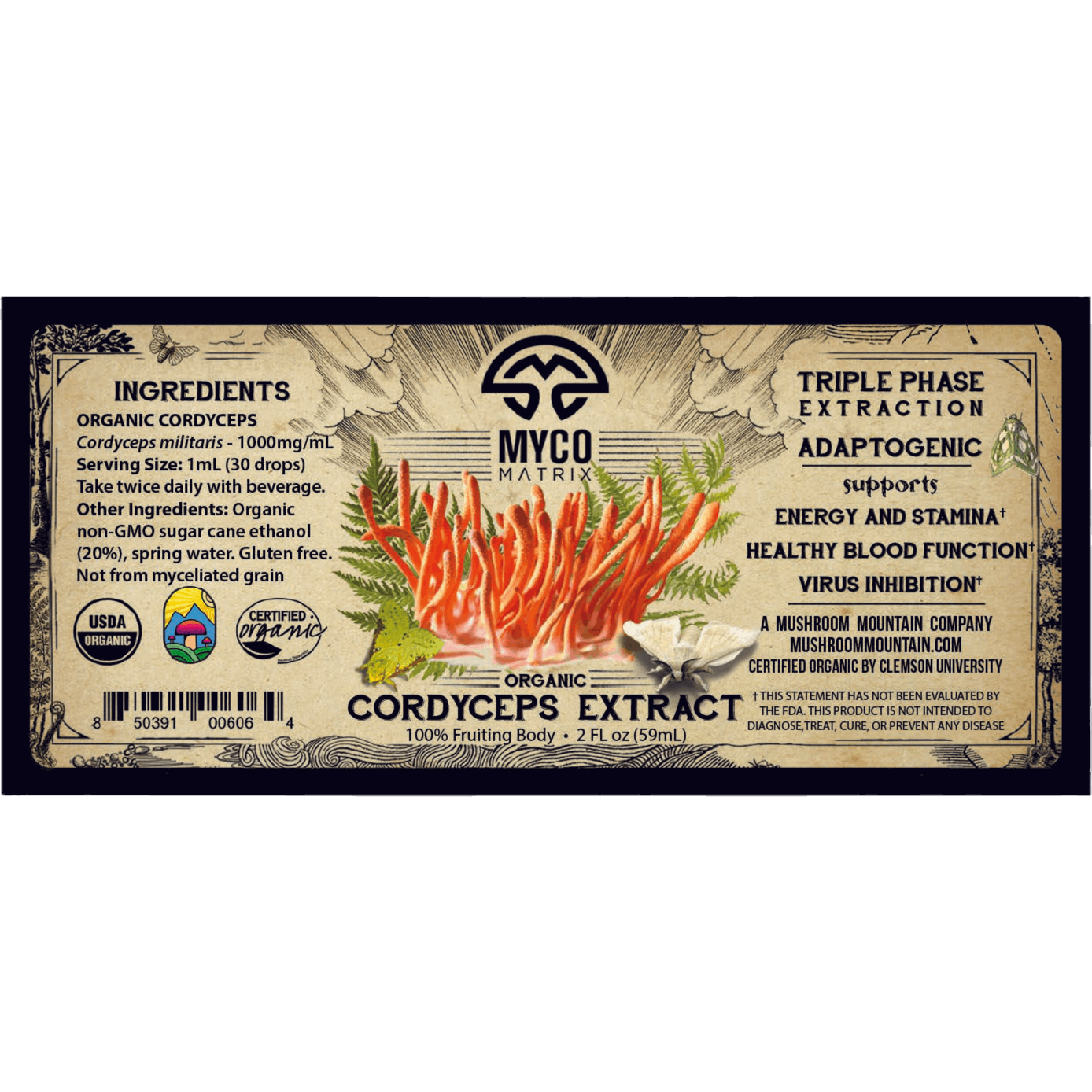 Myco Matrix Organic Cordyceps Extract label 2 oz