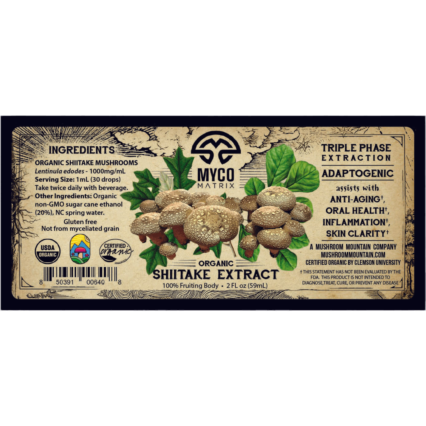 Myco Matrix Shiitake Mushroom Extract Label 2 oz bottle