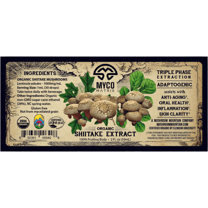 Myco Matrix Shiitake Mushroom Extract Label 2 oz bottle