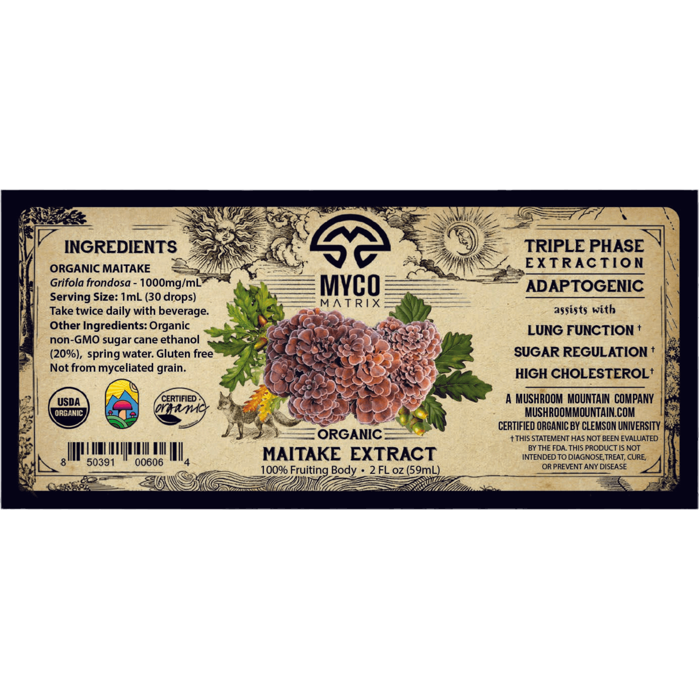 Organic Maitake Extract by Myco Matrix label 2 oz